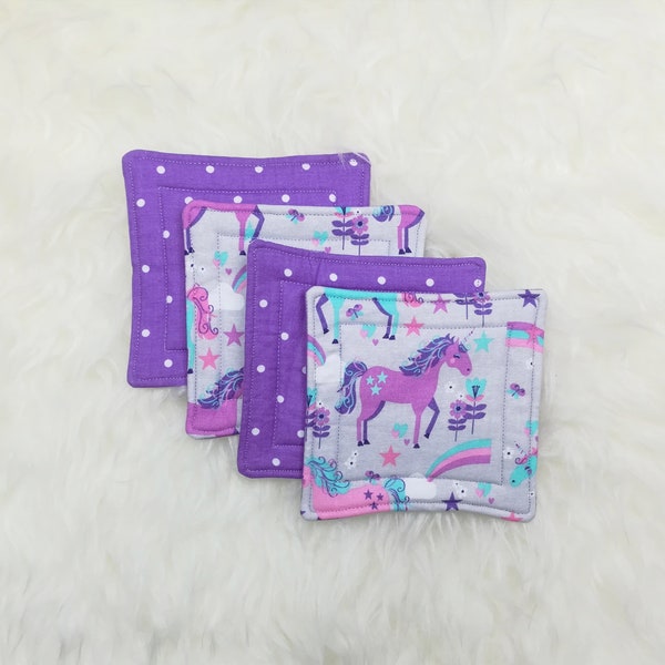 Gray Purple Unicorns & Purple Polka Dots Reversible Coaster Set