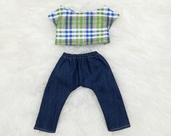 16" Doll Clothes ~ Green Plaid Short Sleeve Shirt & Denim Jeggings