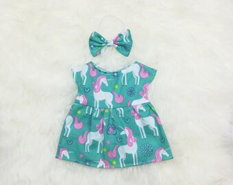 16" Doll Clothes ~ Teal Unicorn Stars Dress & Bow Headband