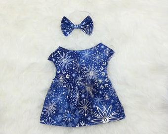16" Doll Clothes ~ Blue Foil Snowflakes Winter Holiday Dress & Bow Headband