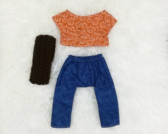 16" Doll Clothes ~ Pumpkin Sketch Autumn Harvest Top, Dark Blue Pants, & Brown Scarf