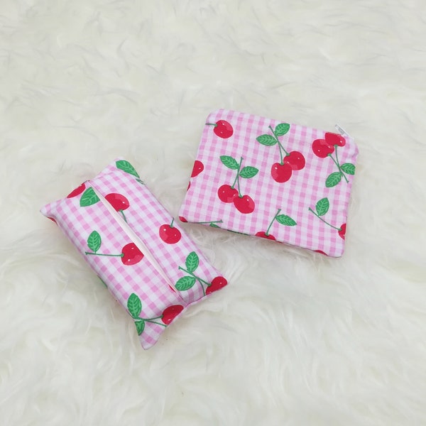Pink Plaid Red Cherries Zipper Coin Pouch & Pocket Tissue Gift Set