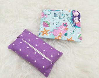 Mermaids Seashells Zipper Coin Pouch & Purple Polka Dot Pocket Tissue Gift Set