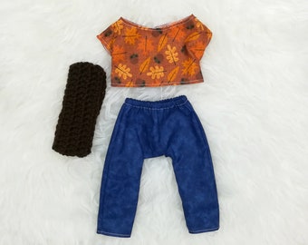 16" Doll Clothes ~ Autumn Leaf Acorn Top, Dark Blue Pants & Brown Scarf