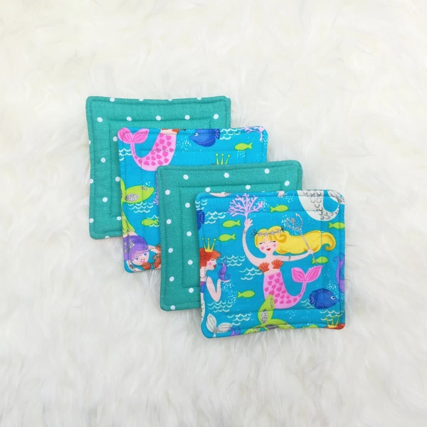 Teal Mermaids Trident & Polka Dots Reversible Coaster Set