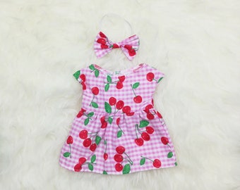 16" Doll Clothes ~ Pink Plaid Red Cherries Dress & Bow Headband