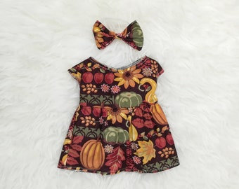 16" Doll Clothes ~ Autumn Pumpkin Apple Harvest Dress & Bow Headband