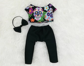 16" Doll Clothes ~ Sugar Skull Tropical Top, Black Pants & Bow Headband/Bow Tie ~ Day of the Dead ~ Día de los Muertos