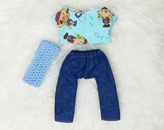 16" Doll Clothes ~ Pirates Top, Dark Blue Pants & Blue Crochet Scarf
