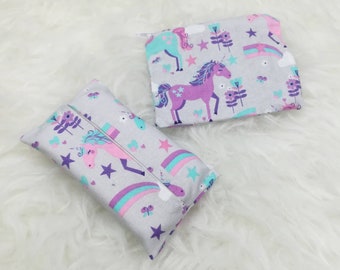 Gray Unicorns Rainbows Zipper Coin Pouch & Pocket Tissue Gift Set