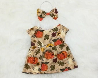 16" Doll Clothes ~ Autumn Harvest Pumpkin Sunflowers & Bow Headband