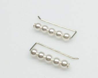 Straight White Pearl Ear Climbers Crawlers, Small Dainty Ear Pins, Swarovski Wedding Bridal Bridesmaid BMB Jewelry, Mom Sister Daughter Gift