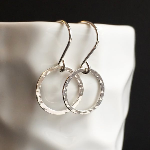 Small Hammered Circle Drop Minimalist Hoops, Sterling Silver Simple Tiny Dangle Earring, Mom Wife Daughter Sister Birthday, Maine Made Gift