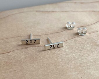 Maine 207 Sterling Silver Bar Studs, Stamped Small Rectangle Line Post Earring, Daughter Sister Girlfriend Mom Friend Birthday, Bachelorette