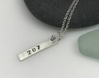 Maine 207 Simple Tiny Bar Necklace, Sterling Layering Chain, Dainty Silver Small Area Code Bar Charm, Daughter Mom Sister Birthday Gift