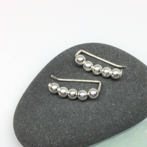 Simple Small Silver Ear Climbers, Sterling Bead Minimalist Earring Pin, Modern Jewelry, Everyday Sweep Cuff, Unusual Unique Birthday Gift