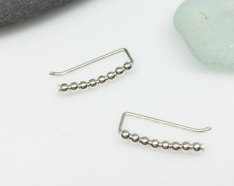 Tiny Sterling Silver Bead Ear Climber, Curved Ear Sweep, Minimalist Simple Silver Earring Pin, Daughter, Granddaughter Birthday, Maine Gift