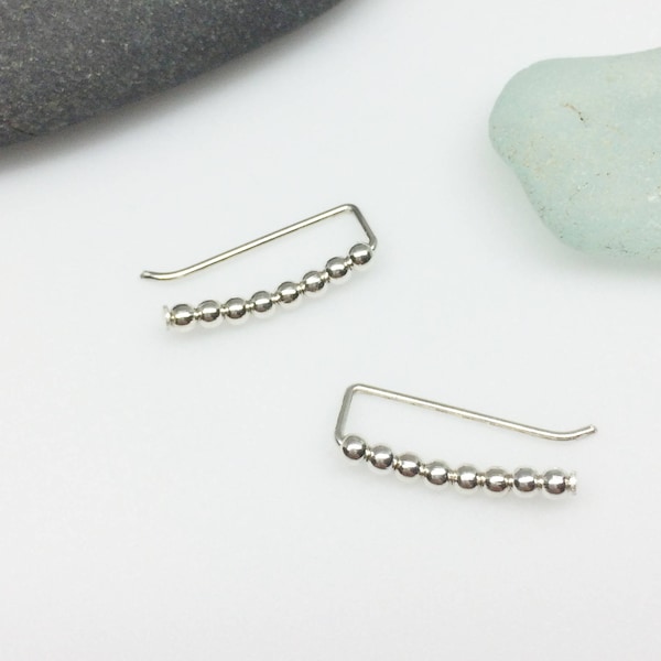 Tiny Sterling Silver Bead Ear Climber, Curved Ear Sweep, Minimalist Simple Silver Earring Pin, Daughter, Granddaughter Birthday, Maine Gift