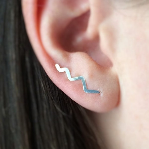 Sterling Silver Scribble Mountain Ear Climber, Modern Minimal Ear Pin, Simple Unique Earring, Girlfriend Mom Daughter Sister Birthday Gift