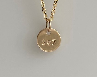 Tiny Round Maine 207 Charm Necklace, Gold or Silver Dainty Small Layering Chain, Simple Daughter, Teen, Mom, Friend, Sister Birthday Gift