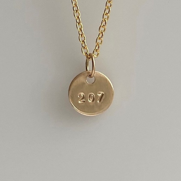 Tiny Round Maine 207 Charm Necklace, Gold or Silver Dainty Small Layering Chain, Simple Daughter, Teen, Mom, Friend, Sister Birthday Gift