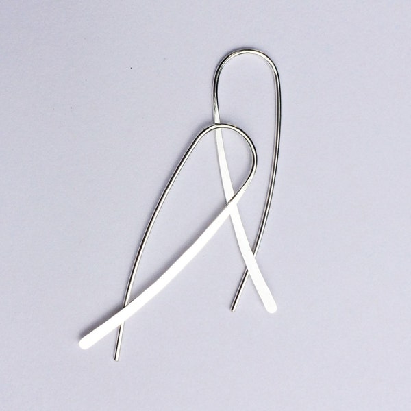 Sterling Silver Minimalist Crossover Open Hoops, Sister Wife Mom Gift, Simple Maine Made Fish Threader Earrings, Fisherwoman, Casual Elegant