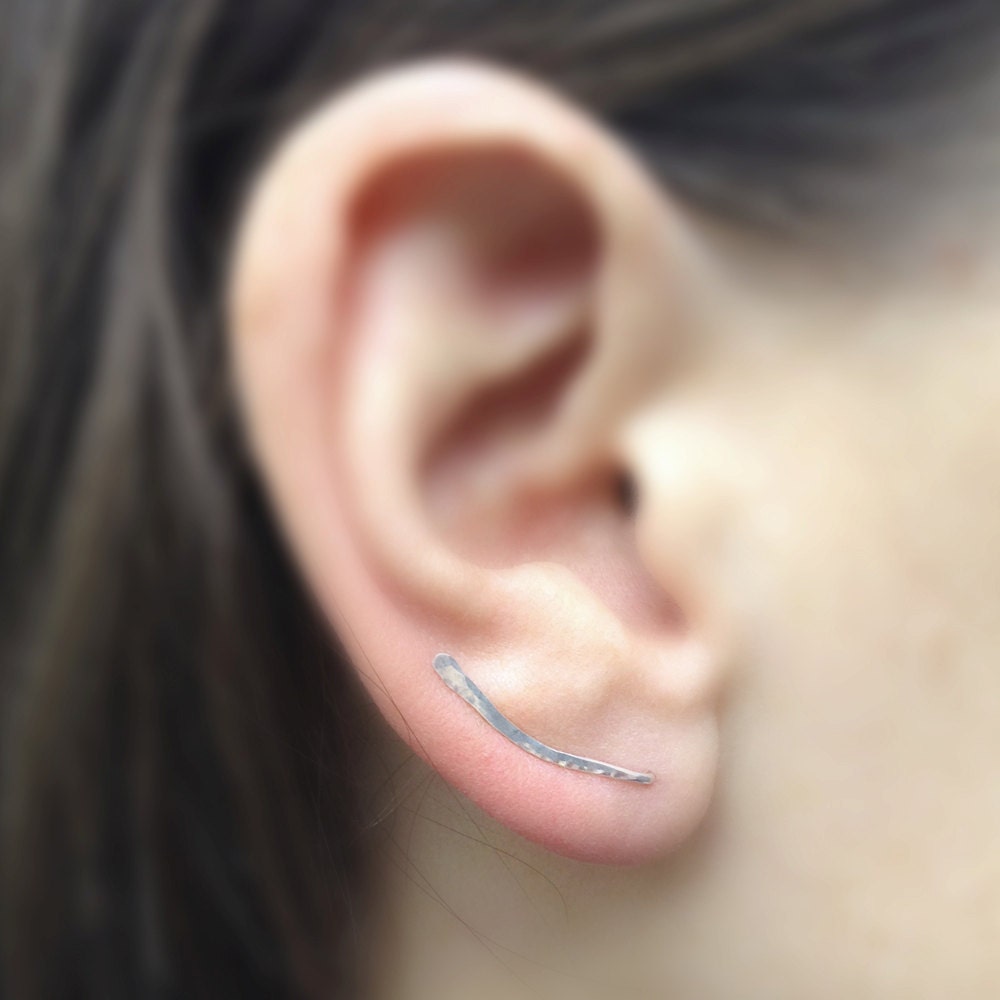 Hammered Silver Sweep Small Ear Climber, Minimalist Earring, Simple U…