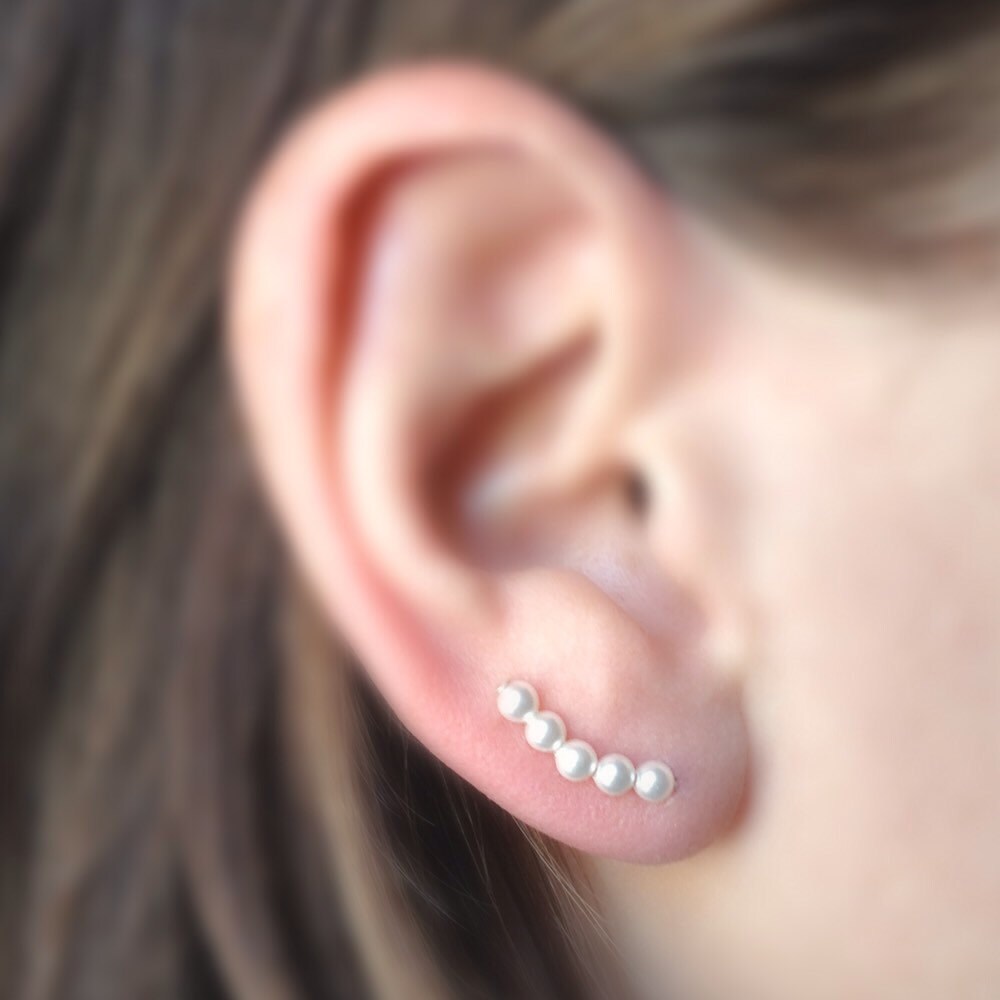 Small White Swarovski Pearl Sterling Silver Ear Climbers, Handmade in…