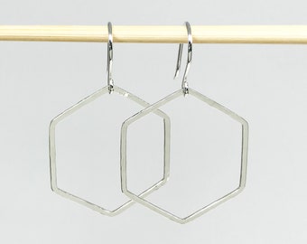 Sterling Silver Hexagon Hoop, Simple Minimalist Geometric Dangle Earring, Mom Sister Bee Lover Gift, Friend Girlfriend Birthday, Maine Made
