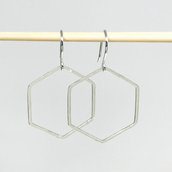 Sterling Silver Hexagon Hoop, Simple Minimalist Geometric Dangle Earring, Mom Sister Bee Lover Gift, Friend Girlfriend Birthday, Maine Made