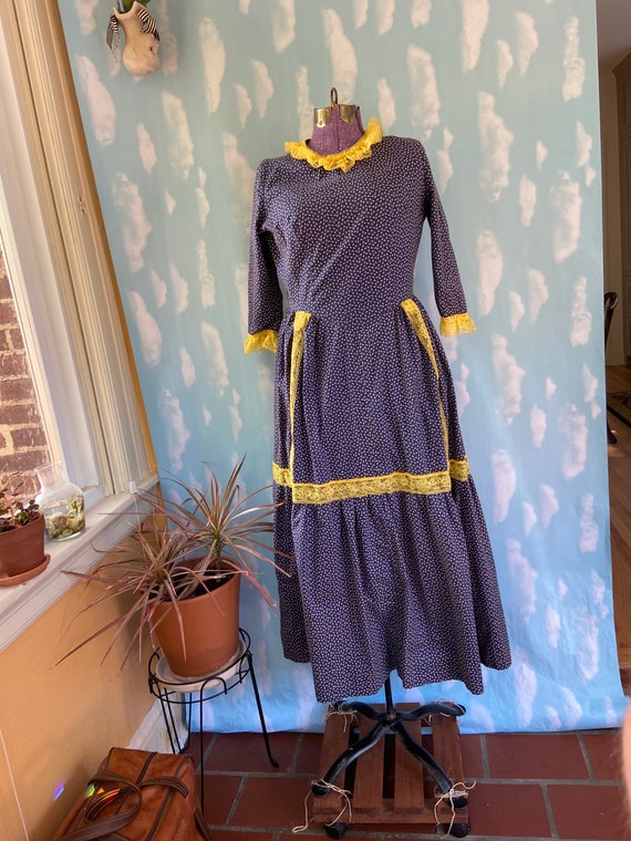 70s Navy Blue and Yellow Lacey Prairie Dress - Gem