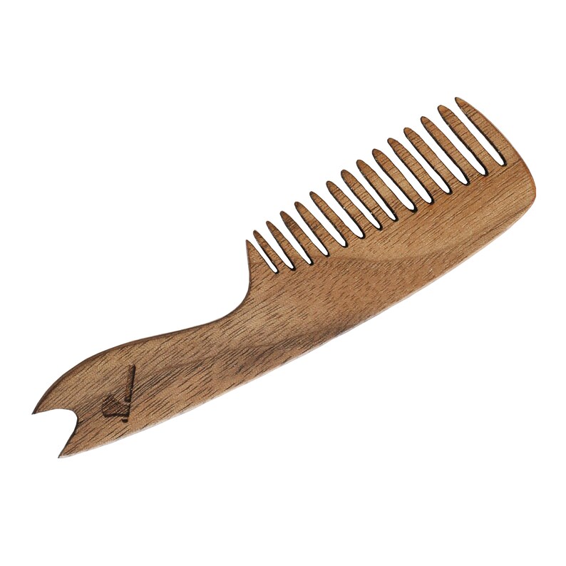 May include: A wooden comb with a long, curved handle. The comb has a natural brown color and a smooth finish. The handle has a small, heart-shaped logo.