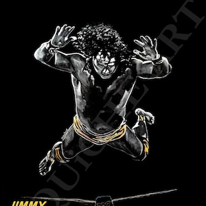 May include: A black and white illustration of a wrestler in mid-air, with his arms outstretched. He is wearing a yellow and black striped loincloth. The wrestler is Jimmy "Superfly" Snuka, and the image includes the WWF logo.