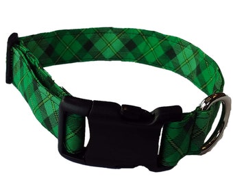 St Patricks day shamrock Checker plaid buffalo white Adjustable Green Gingham Dog Collar Puppy Christmas Check Fabric Handmade by Britches4Stitches