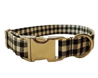 Metal Buckle Black Buffalo Check Dog Collar black gingham plaid white holiday puppy chrome Hardware cotton Fabric Adjustable picnic