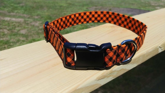 Halloween fall Autumn Harvest Thanksgiving Cotton Fabric Adjustable Buckle D Ring buffalo gingham Puppy bias black check Orange Plaid Dog Collar Handmade by Britches4Stitches
