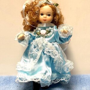 Red Headed Miniature Porcelain Doll in Blue Dress  Ornament
