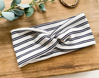 Navy Stripe Twist Headband, Turban Headband, Womens Headband, Hair Band, Twist Headband, Summer Headband, Rib Knit