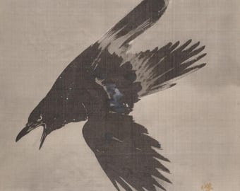 Kawanabe Kyosai Crow Flying in the Snow Woodblock Print: Framed Vintage Japanese Ukiyo-e Art