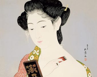 Woman Applying Powder, vintage Japanese Woodblock Print - Ukiyo-e Hashiguchi Goyo