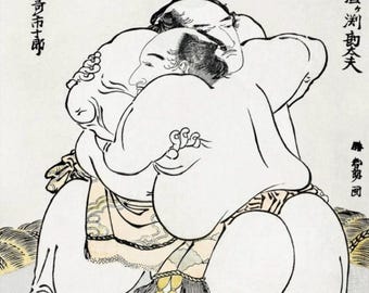 Grabado en madera de luchadores de sumo de Hokusai: Arte mural japonés vintage