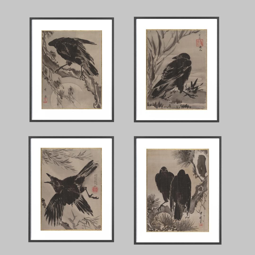 Crow Print Set Kawanabe Kyōsai Japanese Edo Period Woodblock Style (Set of 4)