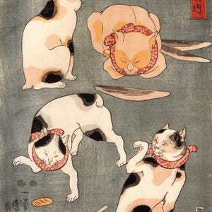 May include: A vintage Japanese woodblock print featuring four cats in various poses. The cats have white, black, and tan fur, and wear red patterned collars. The background is a muted teal color, with Japanese text.