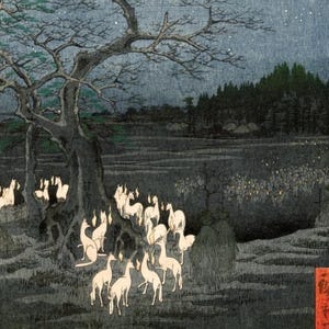 May include: A nighttime woodblock print depicts a gathering of white fox-like creatures under a large tree. The scene is set in a field with a dark forest in the background, under a starry sky. The artwork has a traditional Japanese aesthetic.