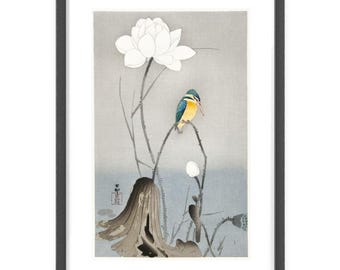 小原古邨作「カワセミと蓮の花」｜ヴィンテージ木版画 - Etsy 日本