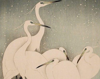 Egrets in Snow - Ohara Koson I Japanese Woodblock Print Winter Wall Art