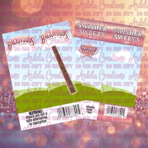 May include: Two packs of Backwoods and Swisher Sweets cigars with a brown cigar in front. The packaging features a sky and grass design with text and a barcode. A warning states that cigars are not a safe alternative to cigarettes.