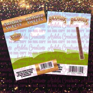 May include: Image featuring two product designs: "Swisher Sweets" and "Backwoods." The "Swisher Sweets" design includes a logo and text on a light brown background. The "Backwoods" design features a cigar illustration. Both designs have a landscape background with text.