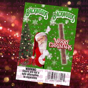May include: A green Christmas-themed graphic with the text "BACKWOODS" and "Merry Christmas". Santa Claus is featured next to a Christmas tree and a cigar. The image includes a warning about cigars.