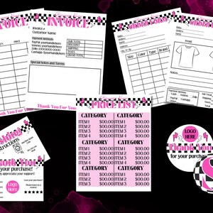 May include: A collection of pink and black stationery items, including invoices, order forms, price lists, and thank you stickers. The designs feature a checkered pattern and the text "Thank You For Your Purchase!"